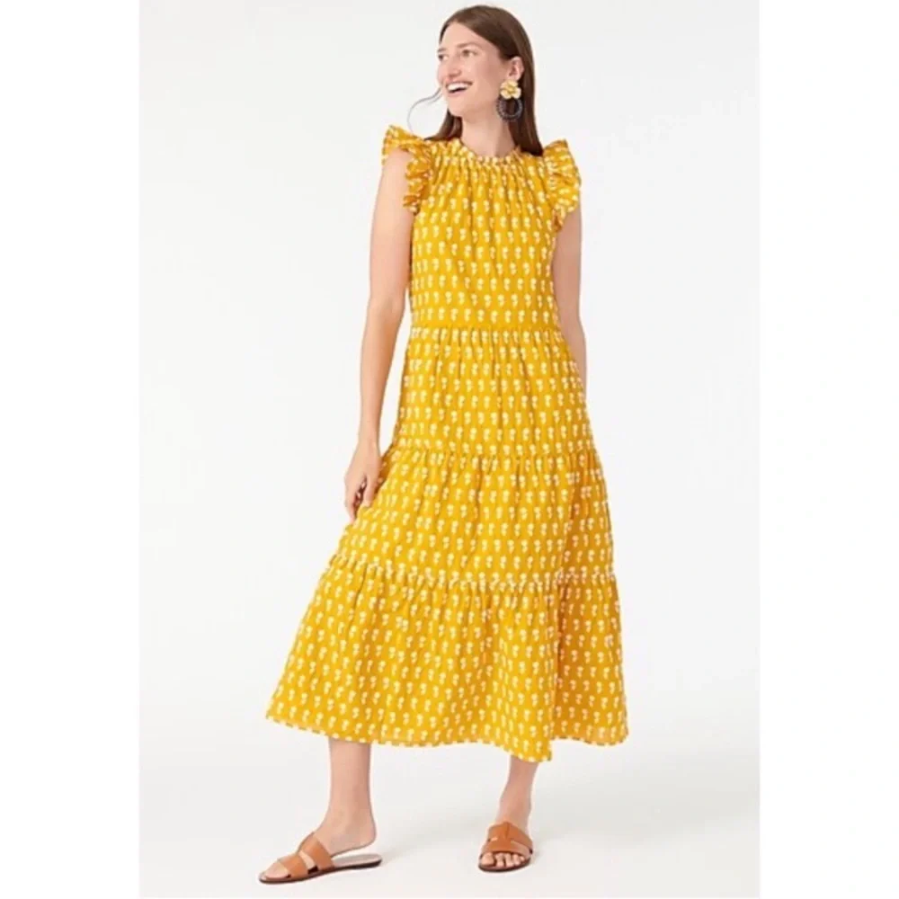 J. Crew Lined Tiered Cotton Sunflower Embroidered Lemon Ochre Dress - Picture 1 of 9